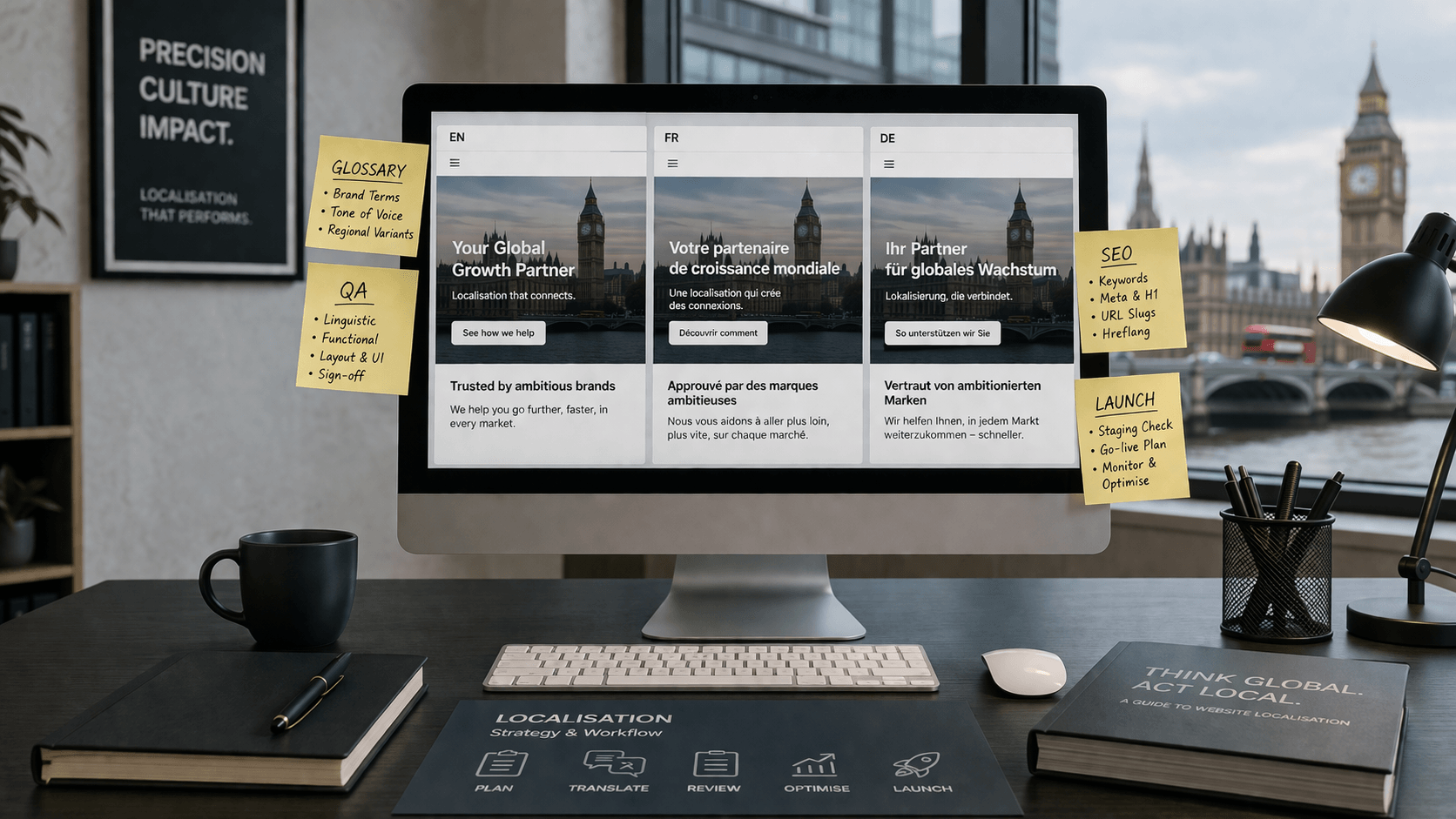 Website translation services workflow with multilingual website pages, glossary notes, QA steps, and launch planning