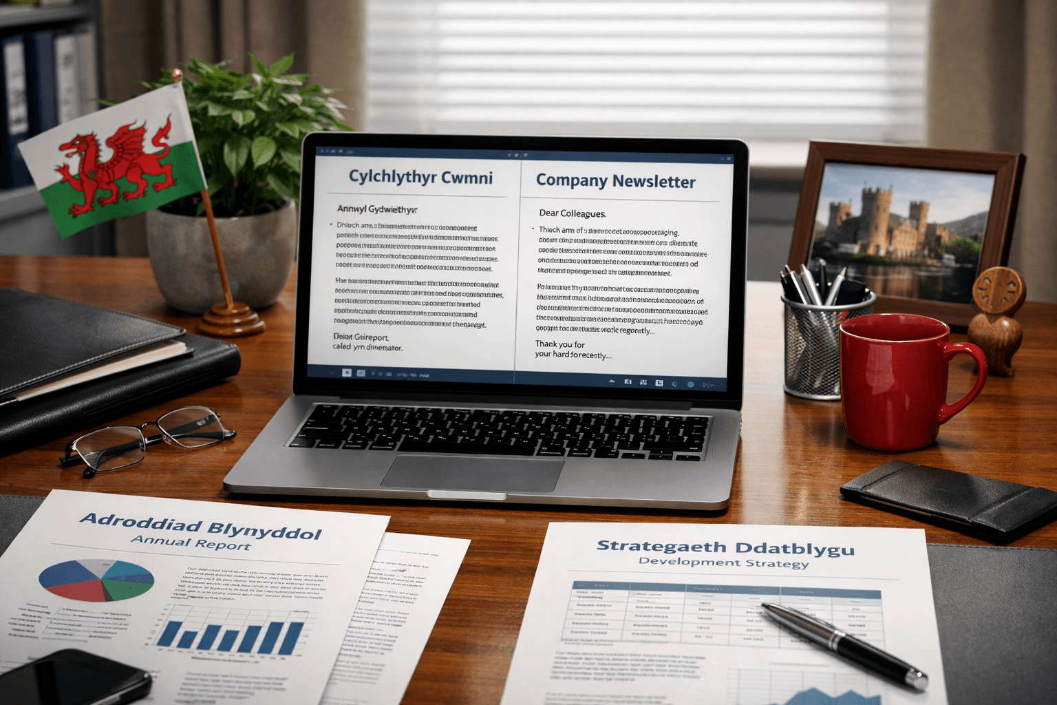 Welsh and English translation workspace with bilingual documents and laptop