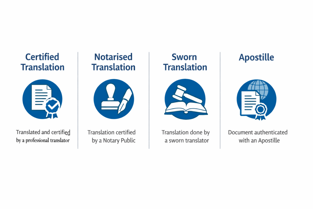 certified vs notarised vs sworn translation for urgent UK document use