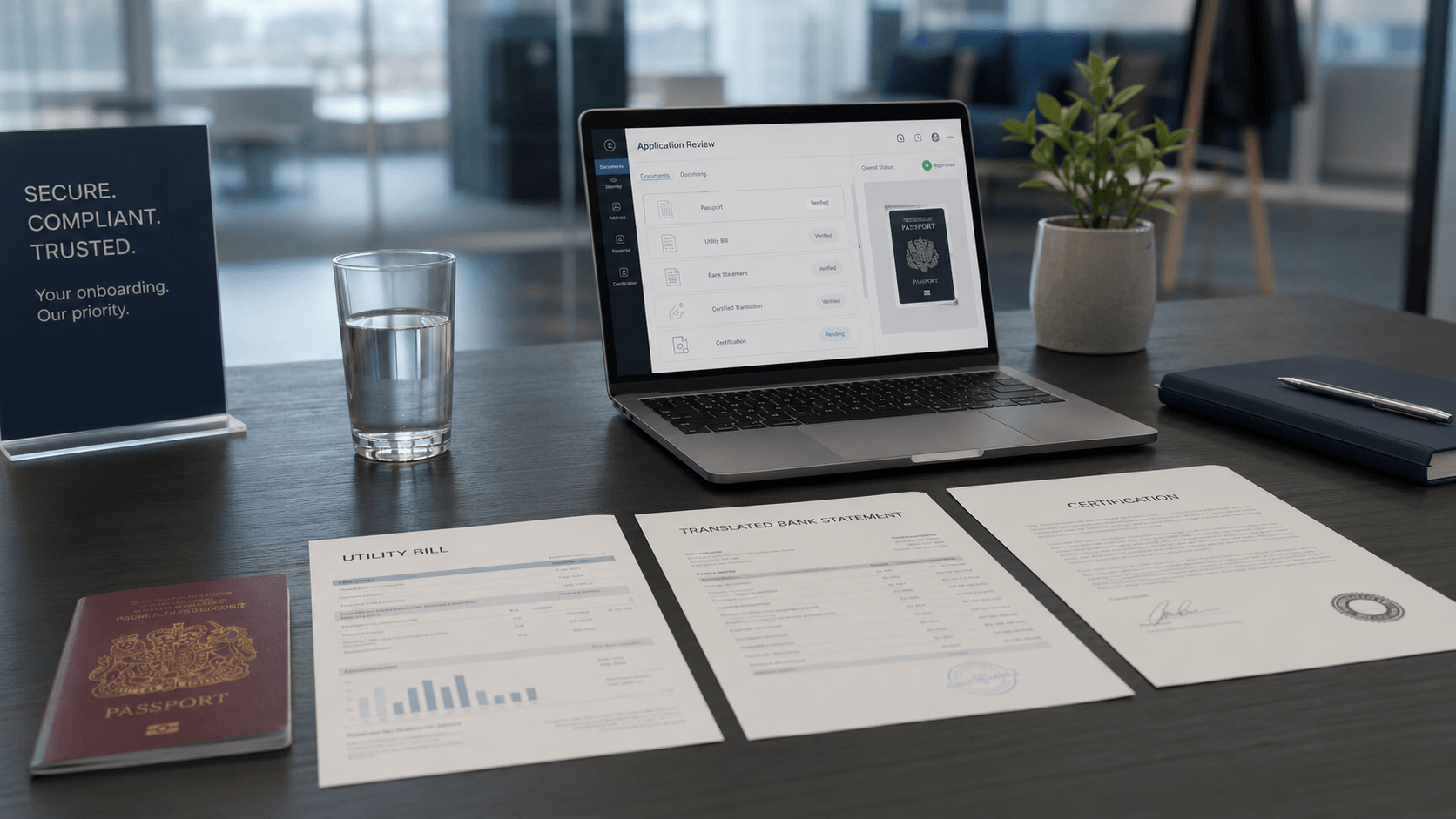Bank KYC document translation pack with proof of address, bank statement, and certified translation for UK compliance review
