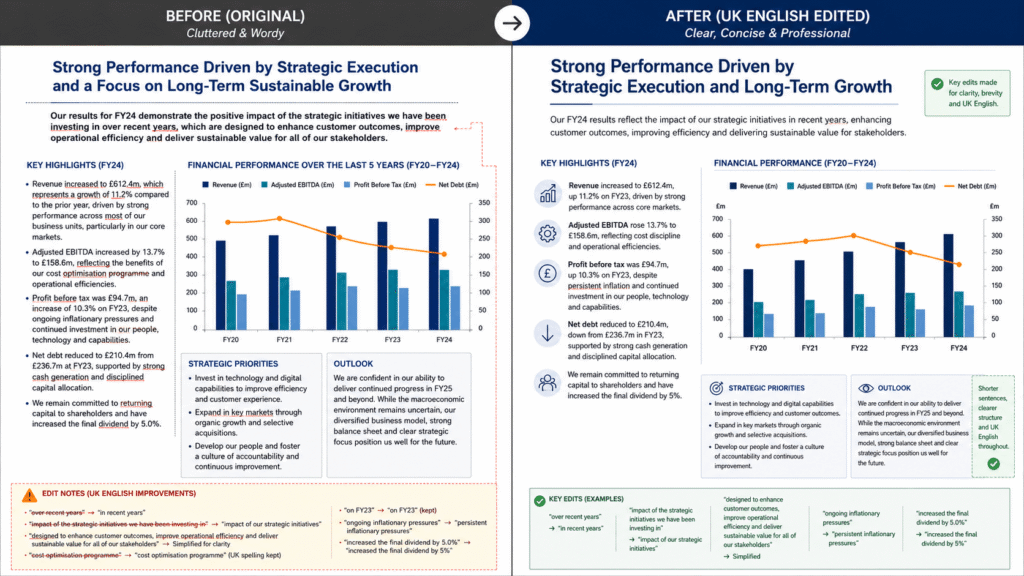 Before and after UK English editing for a translated investor pitch deck
