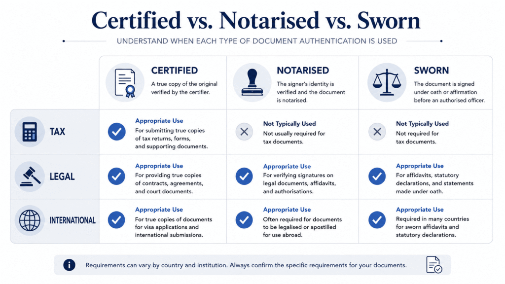 Certified vs notarised vs sworn translation comparison for tax and compliance documents