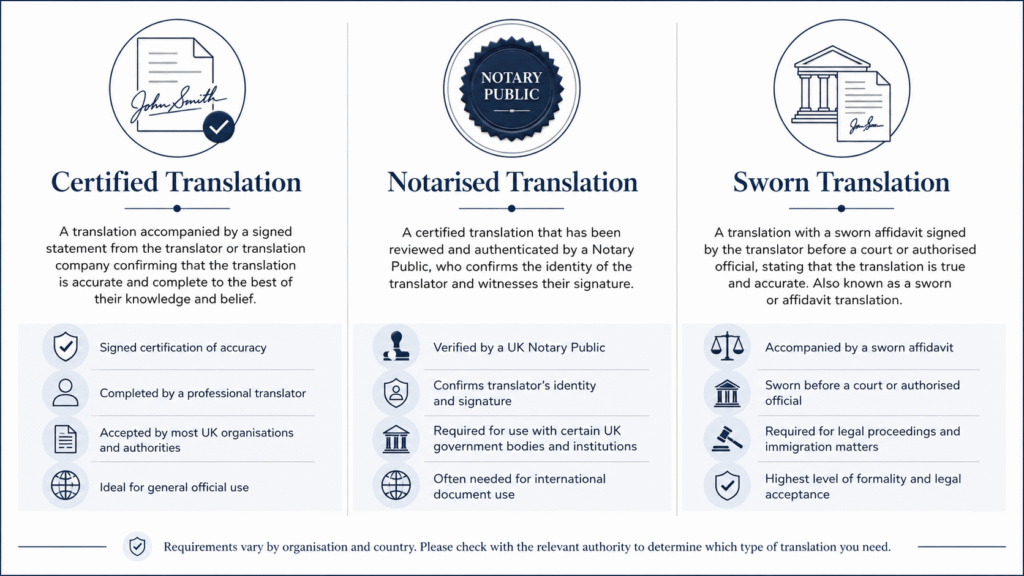 Comparison of certified, notarised, and sworn translation for corporate filings