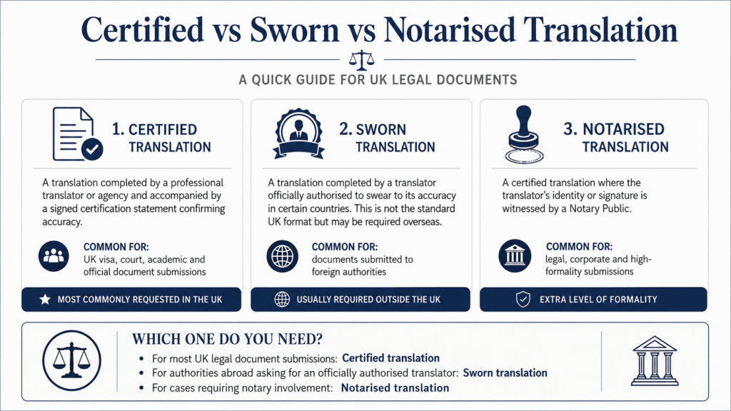 Comparison of certified, sworn, and notarised translation for court documents in the UK