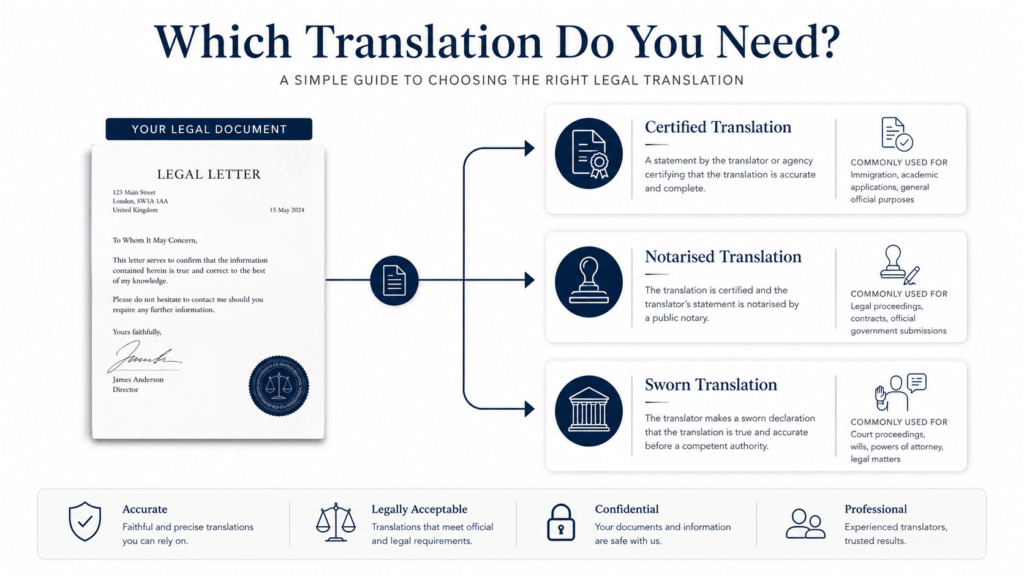Decision guide showing certified, notarised, and sworn translation options for solicitor letters