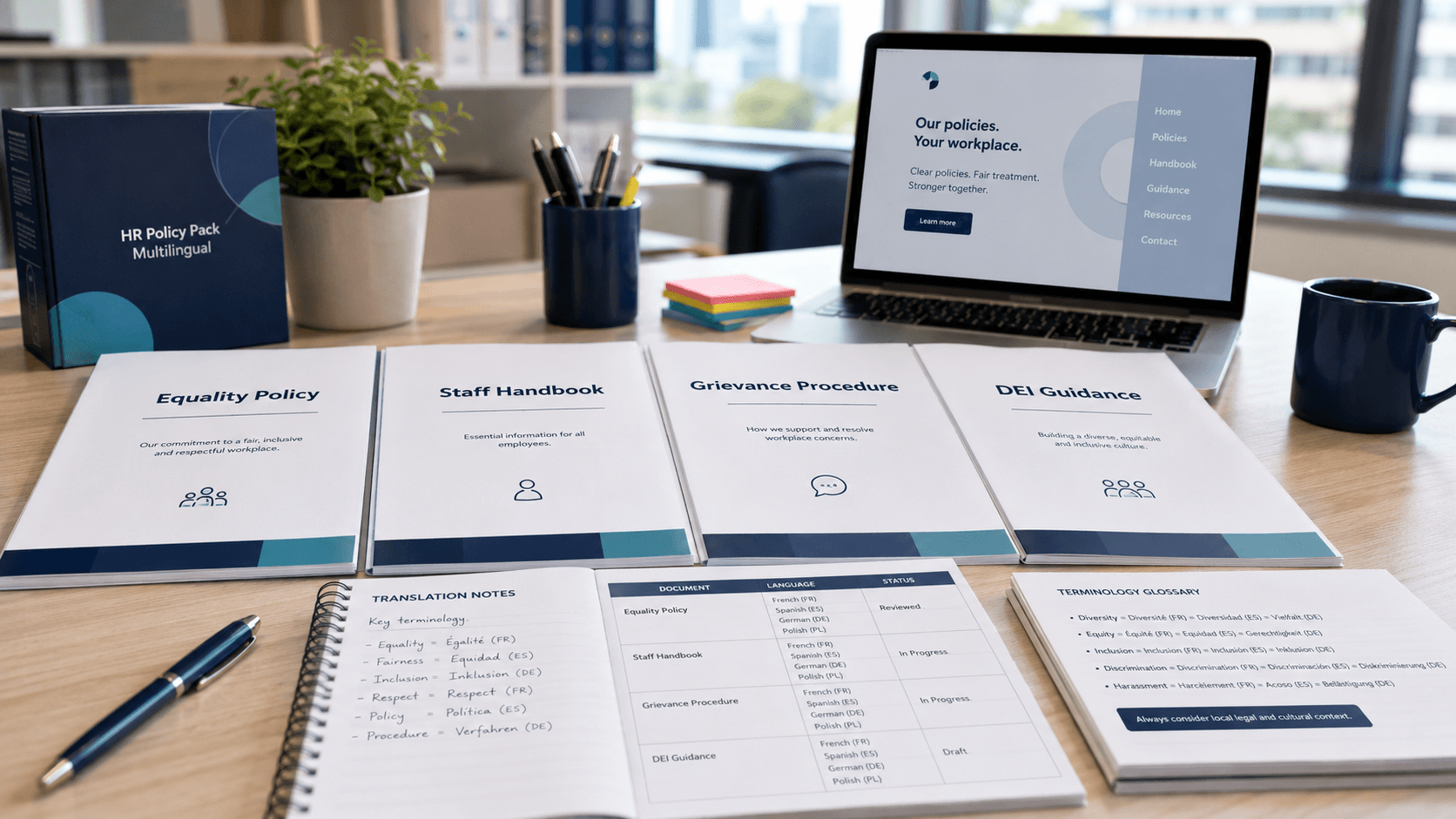Equality and diversity policy translation UK with multilingual HR policy documents on an office desk