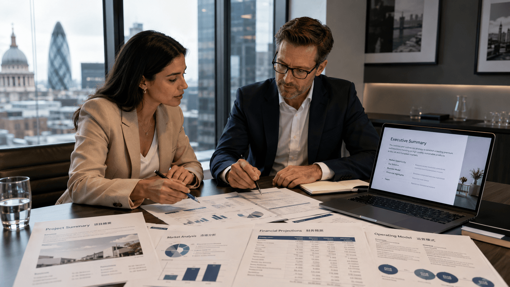 Founder and adviser reviewing a translated business plan for a UK funding application