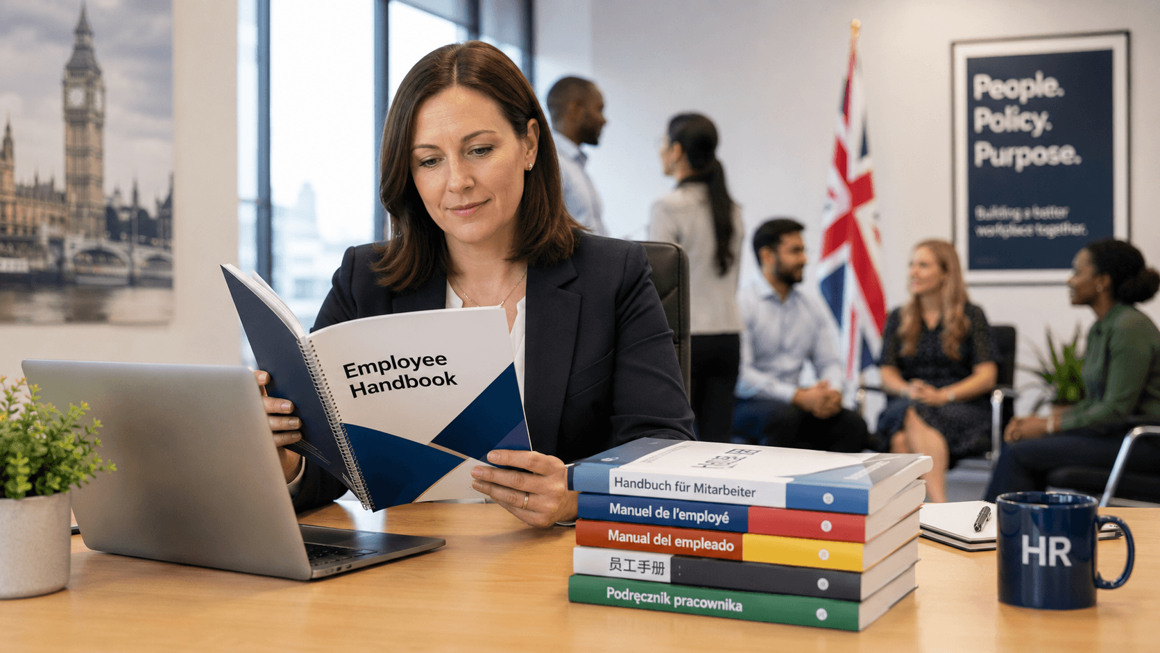 HR manager reviewing multilingual employee handbook translations for a UK workforce