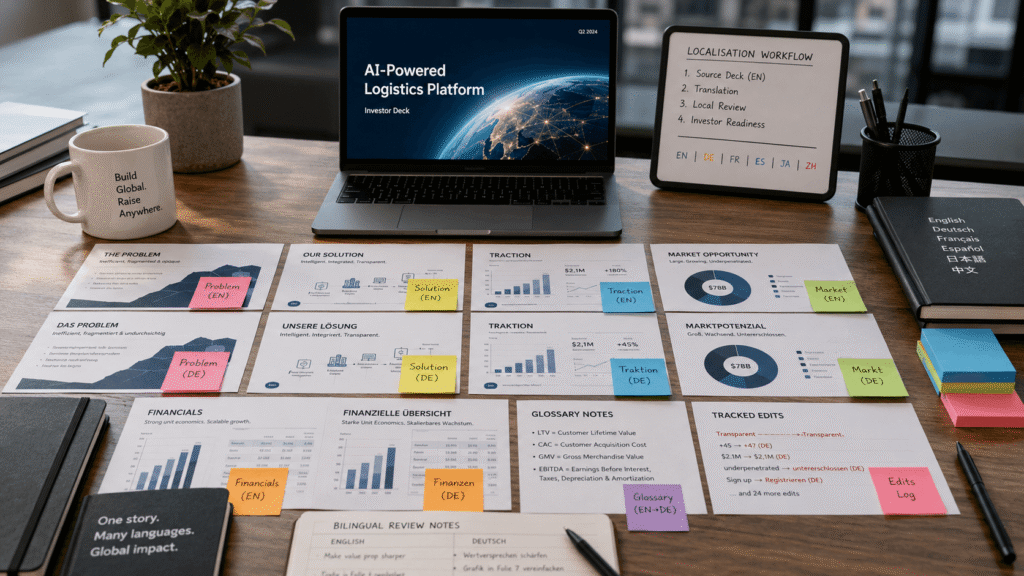Investor deck localisation workflow for startup translation and UK English editing