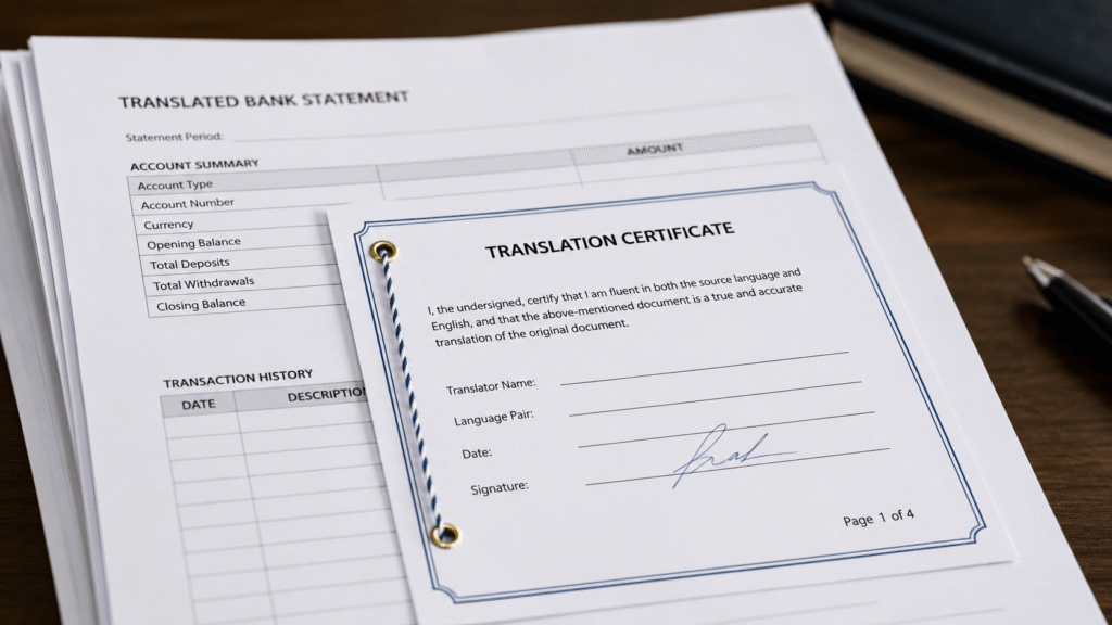 Lender ready translation certificate for mortgage bank statement and proof documents