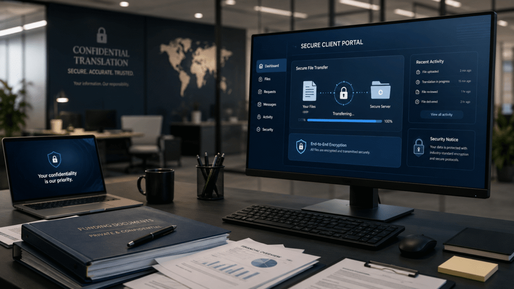 Secure and confidential handling of business plan translation files