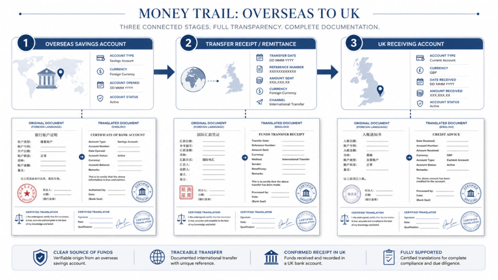Source of funds translation showing the money trail for a UK bank or lender review