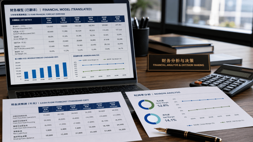 Translated financial forecasts and tables prepared for UK investors and banks