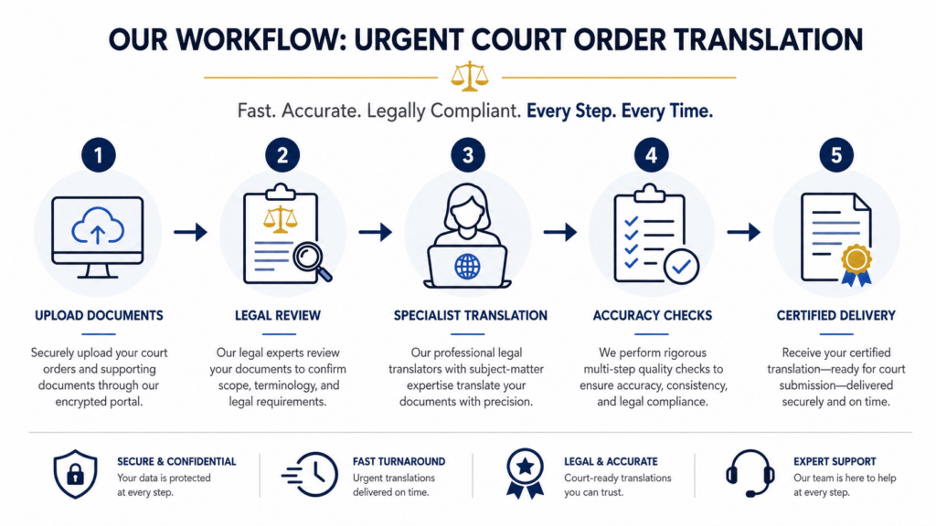Urgent court order translation workflow from upload to certified delivery